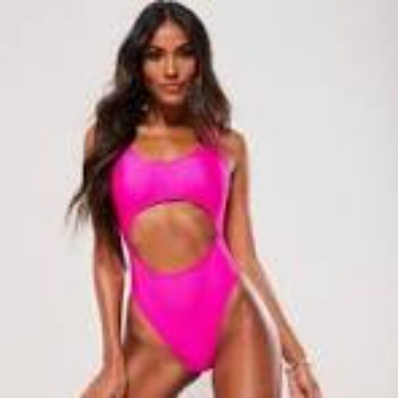 Missguided Hot Pink Scoop Neck Cutout One Piece Bathing Suit - Picture 1 of 5